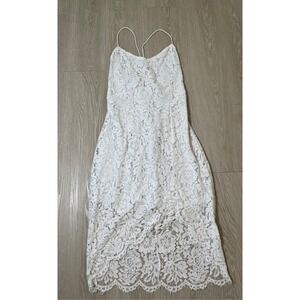 Boho Coastal Bride Bachelorette Reception Womens Midi Dress‎ L Lace High Low Hem
